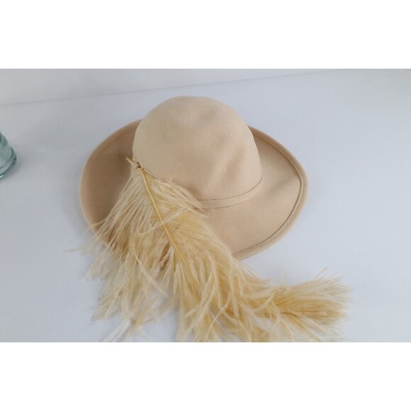 Vintage 60s Streetwear Wool Felt Ostrich Plume Feather Wide Brim Hat Womens 23\